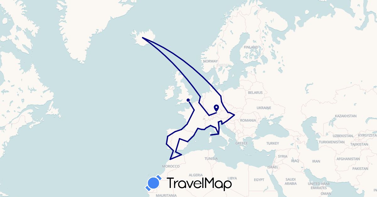 TravelMap itinerary: driving in Austria, Belgium, Switzerland, Czech Republic, Germany, Spain, France, United Kingdom, Gibraltar, Croatia, Hungary, Iceland, Italy, Morocco, Netherlands, Portugal, Slovakia (Africa, Europe)